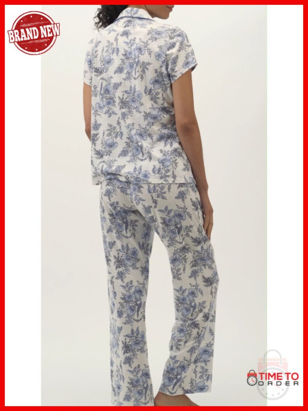 Women's Cotton Blend Notch Collar Button Down Pajama Set 2 Piece - Picture 6 of 6